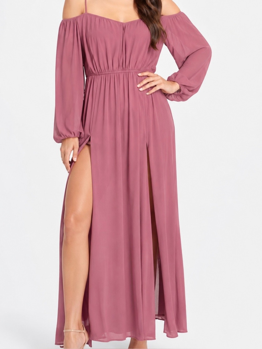 bebe Mauve Off-Shoulder Maxi Long Sleeve Dress M